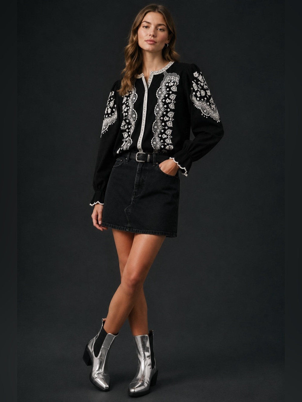 Anthropologie Jennifer Grace Embroidered Button-Down Blouse Black White Floral L